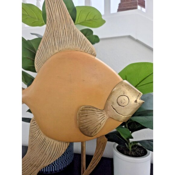 Frederick Cooper 22” Brass & Wood Angelfish Sculpture MCM Fish Vintage Decor - Picture 3 of 10